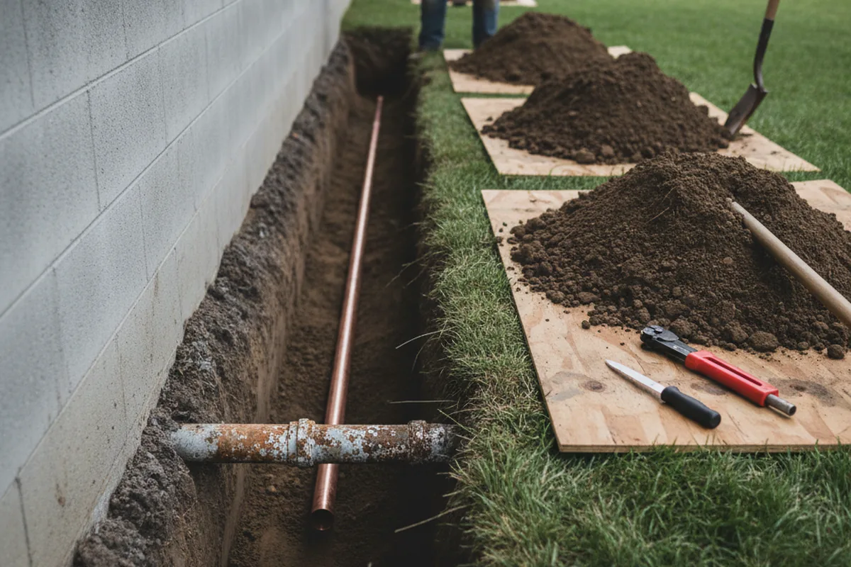 Excavated water line trench during Water Softener Installation in Orinda